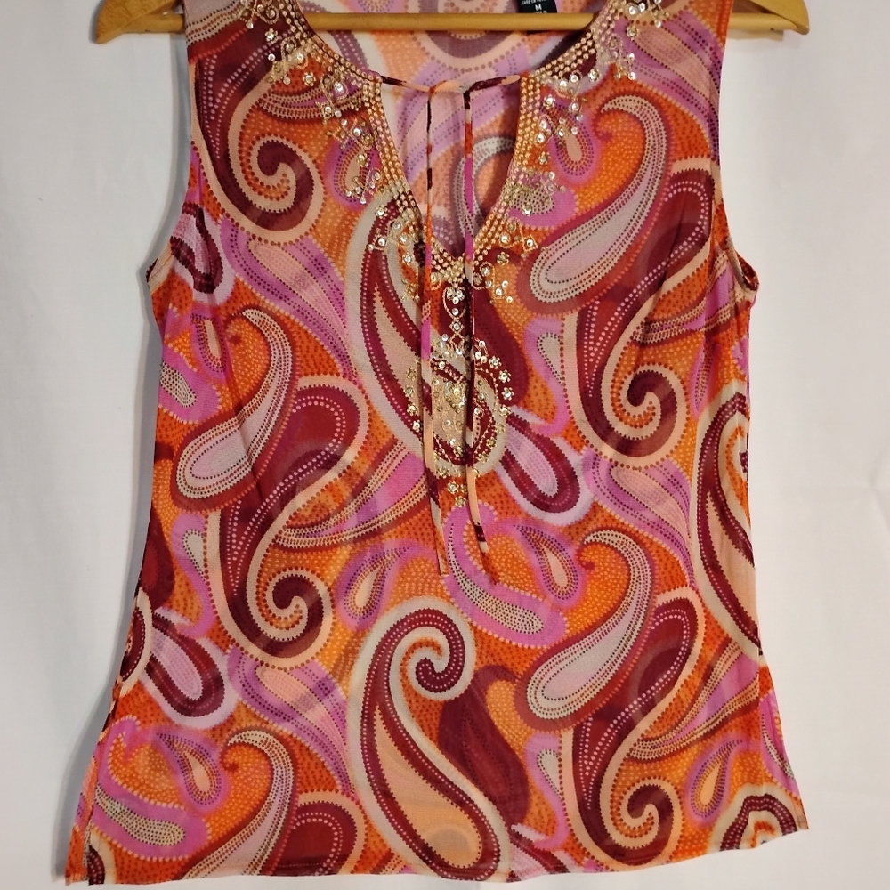 New York & Company Red Pink Sleeveless Graphic Blouse